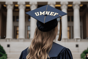 Graduate cap that reads "UMHEF" on the top
